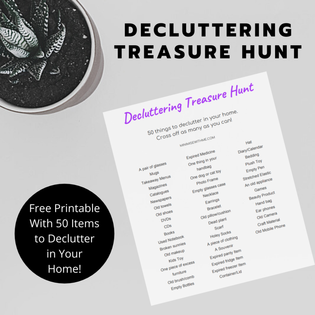 This is the printable you will receive in the Decluttering treasure hunt Printable showing all 50 items to declutter