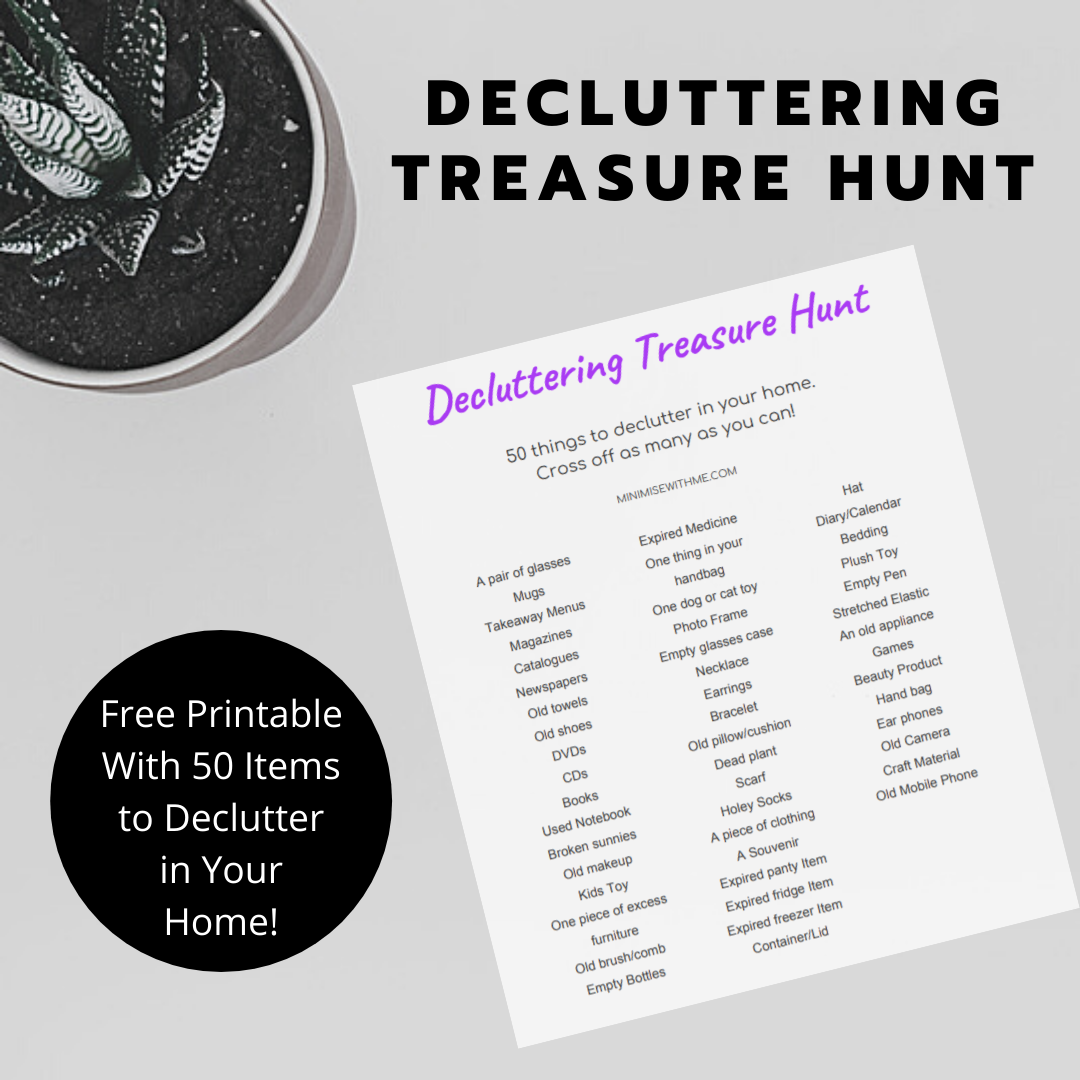 This is the printable you will receive in the Decluttering treasure hunt Printable showing all 50 items to declutter